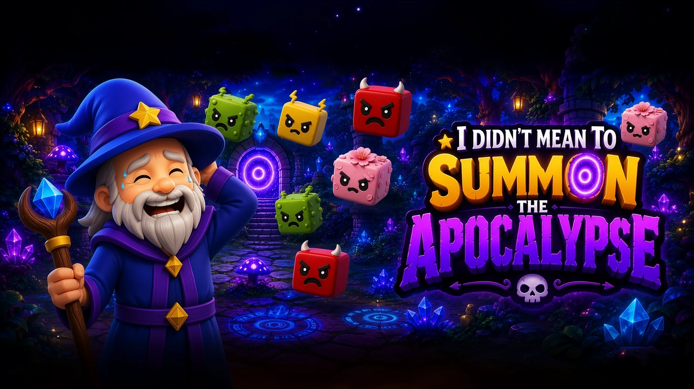 Nyckelgrafik för I Didn’t Mean to Summon the Apocalypse. En generad trollkarl kliar sig i huvudet medan argsinta tärningsmonster väller ut ur en lysande portal.